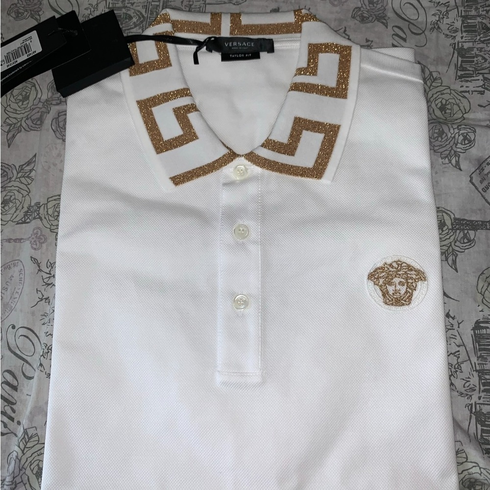 Short Sleeve Versace White Polo Shirt with Gold Logo